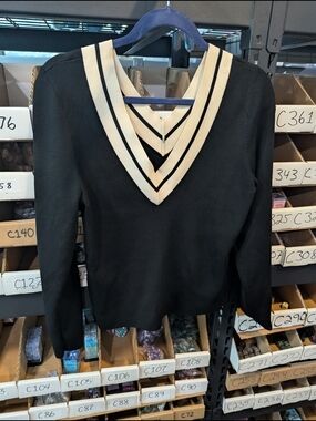 Black V-Neck Sweater with Cream Trim - Women's Sweater | L
